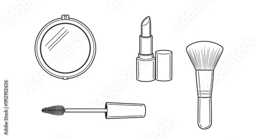 Cosmetic makeup essentials: lipstick, mascara, powder compact, and brush, isolated on white background