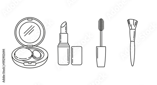 Cosmetic Makeup Icons: Lipstick, Mascara, Powder Compact, Brush - Beauty Essentials Line Art