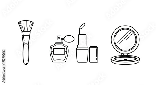 Cosmetic makeup items icons: makeup brush, perfume bottle, lipstick, compact mirror