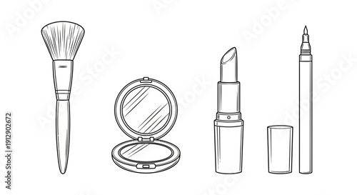 Cosmetic makeup products illustration: brush, powder compact, lipstick, eyeliner pen. Line art.