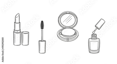 Cosmetic products illustration: lipstick, mascara, powder compact, nail polish bottle
