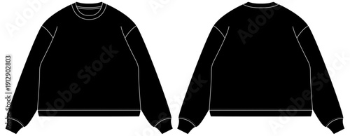 Minimalist cad style crewneck sweatshirt fashion flat vector set front back views technical drawing apparel design template isolated on transparent background