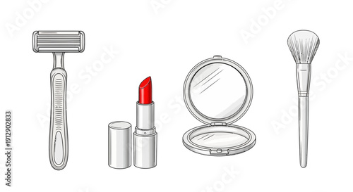 Cosmetic Tools: Razor, Lipstick, Compact Powder, Makeup Brush - Beauty Essentials