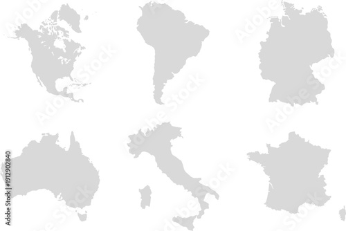 A set of world maps in gray and white colors, featuring North America, South America, Germany, France, Australia, and Italy. Vector illustration
