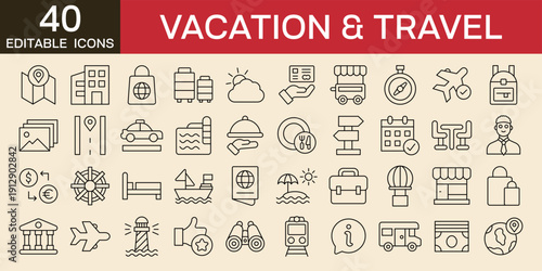 Travel and vacation icon set vector illustration thin line icons set hotel, tourism, tourist transport, locations, stall, money, luggage, visit, plane, images, star hotel editable stroke line icons 