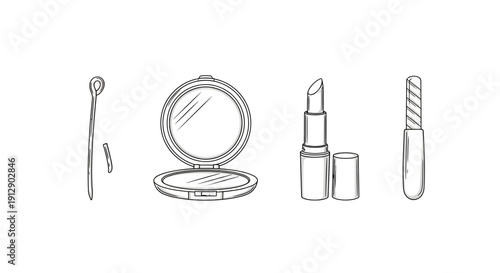 Cosmetic tools and makeup items: lipstick, compact mirror, eyelash curler, nail file, sketch