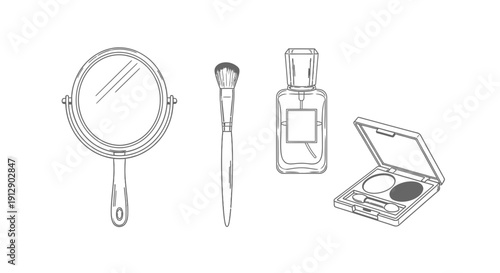 Cosmetic tools and makeup products, hand-drawn line art illustration