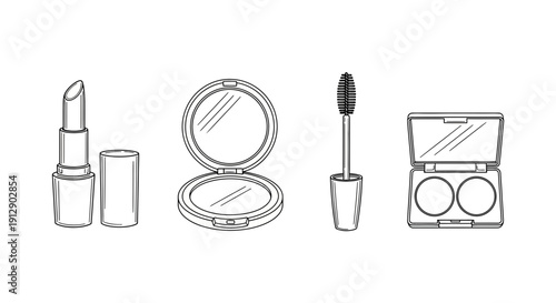 Cosmetics Collection: Lipstick, Powder Compact, Mascara, Eyeshadow Palette - Line Art