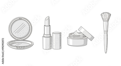 Cosmetics collection: powder compact, lipstick, cream jar, and makeup brush, hand-drawn sketch
