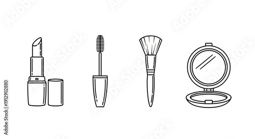 Cosmetics Icons: Lipstick, Mascara, Brush, Powder Compact - Line Art