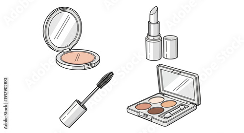 Cosmetics flat lay: lipstick, mascara, eyeshadow palette, powder compact, makeup essentials