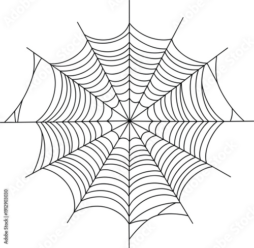 Black spider web vector silhouette illustration representing spooky Halloween decoration and scary cobweb design element isolated on white background.