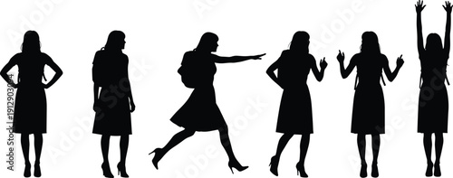 Black silhouettes of young female students with backpacks in various active poses including jumping running and walking isolated on a clean white background