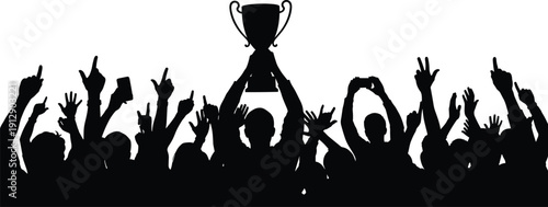 Black vector silhouette of a cheering crowd with raised hands and a person holding a trophy cup aloft isolated on a white background