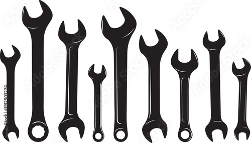 Collection of various black wrenches on white background tools