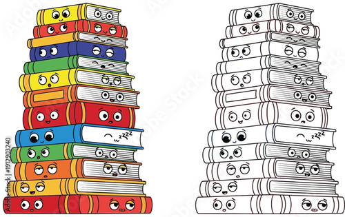 Adorable Cartoon Book Stack with Funny Faces Kids' Education Illustration in a Colorful and Outlined Version Reading and Education Idea Separated on White Background
