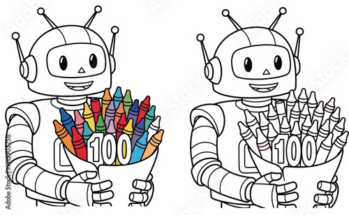 Adorable Robotic Character Holding Colorful and Outlined 100-Crayon Bouquet for Children's Education and Creativity Illustration Concepts of Education and Art Isolated on White Background