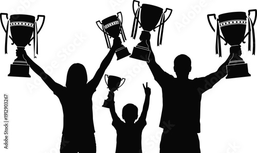  Black vector silhouette of a family holding trophies and celebrating victory together as champions isolated on a white background for sports concept..eps