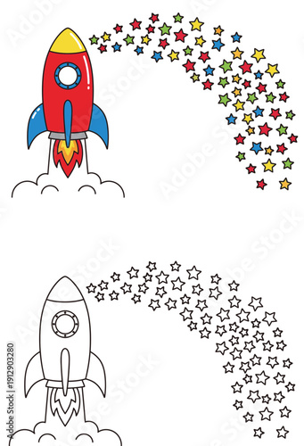 Adorable Cartoon Rocket Launch with Outline Version and Vibrant Star Trail Space Illustration for Children's Creativity and Startup Isolated Concept on White Background
