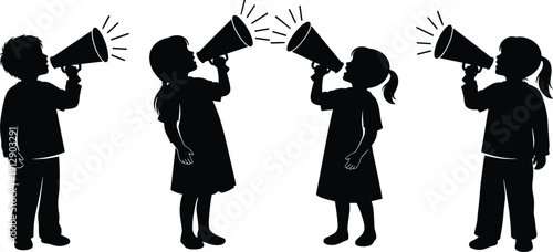Black vector silhouettes of four little children holding megaphones and shouting loudly to make an announcement or protest isolated on a white background.