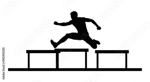 A black vector illustration of a business man and athletic person silhouettes jumping from a roof and trampoline to join people in a sport dance and running competition