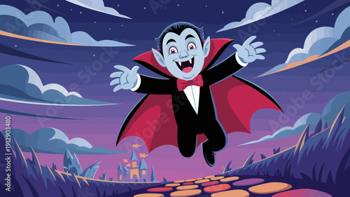Whimsical Vampire: A charming and playful vampire character, with a mischievous grin and outstretched arms, cheerfully floats through a magical night scene.