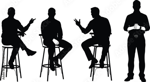 Collection of black silhouettes featuring professional men sitting on high bar stools in casual poses and one man standing isolated on a white background.