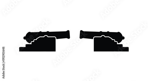 Two black silhouette cannons facing opposite directions on a white background