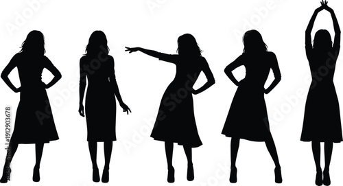 Collection of black silhouettes of a young woman in various fashion poses wearing a dress and high heels isolated on a white background.