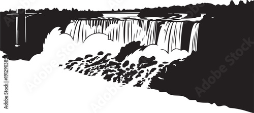 Majestic Niagara Falls waterfall cascading down rocky cliffs into churning foamy water Silhouettes vector