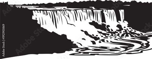 Majestic Niagara Falls waterfall cascading down rocky cliffs into churning foamy water Silhouettes vector