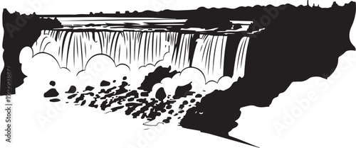 Majestic Niagara Falls waterfall cascading down rocky cliffs into churning foamy water Silhouettes vector