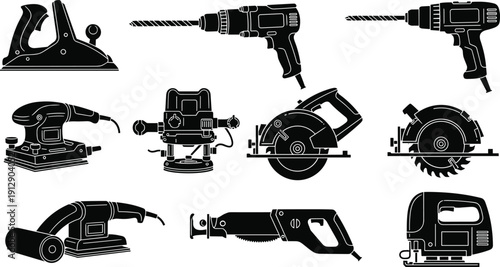 Power tools silhouette set, electric drill, circular saw, jigsaw, sander, planer, router, woodworking equipment icons collection for carpentry, construction, vector.