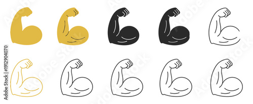 Muscle Icon Set, Flexed Bicep Arm Icon Hand Emoji, Feats of Strength Sign, Muscular Arm Symbols, Fitness and Gym Power Icons, Flat Vector Illustration