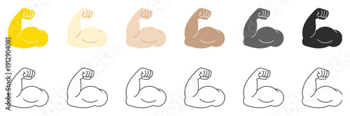 Muscle Icon Set, Flexed Bicep Arm Icon Hand Emoji, Feats of Strength Sign, Muscular Arm Symbols, Fitness and Gym Power Icons, Flat Vector Illustration
