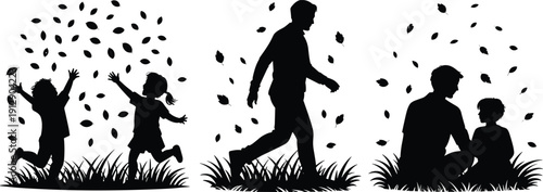 Family silhouettes in autumn park, father and children playing with falling leaves isolated on white background vector illustration