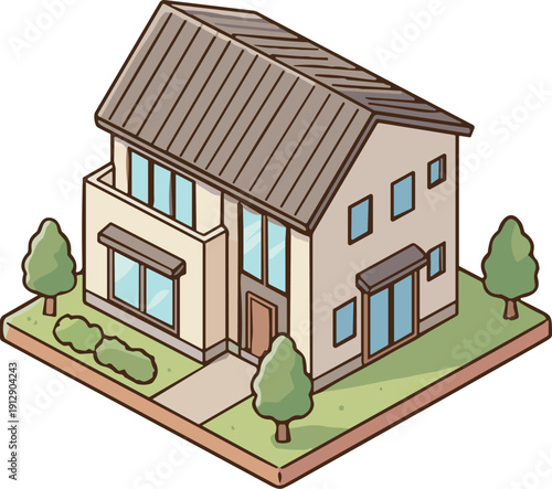 アイソメトリックの一戸建て住宅イラスト