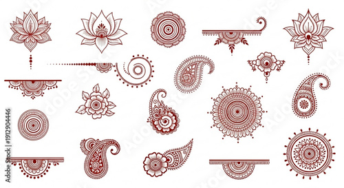 Collection of intricate mehndi designs and henna patterns on white background for beauty and festival decorations