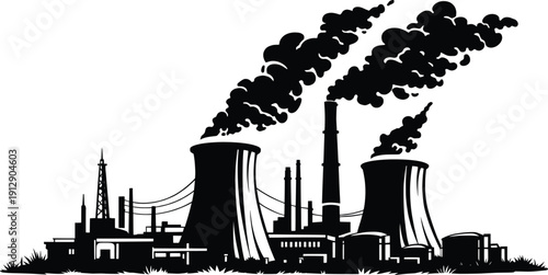 Power Plant Industrial Skyline with Cooling Towers Smoke Illustration.