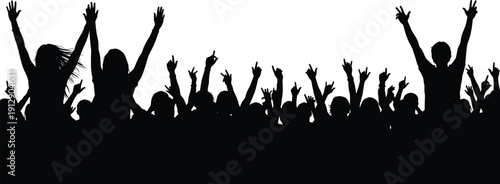 Cheering crowd silhouette with raised hands isolated on white background representing concert audience, celebration energy illustration graphic design concept