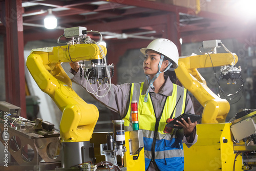 Fotografie Industrial factory technician with robotic arm automation robot maintenance insp