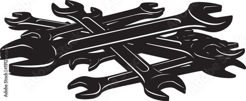 Collection of crossed wrenches in black and white illustration
