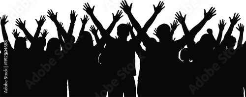 Cheering crowd silhouettes with raised hands isolated on white background, celebration, concert audience, unity, excitement, public gathering illustration concept