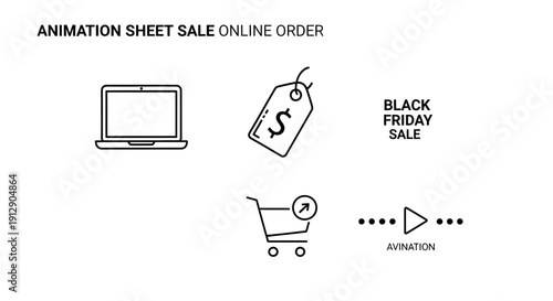 Black Friday Sale Online Order Icons: Laptop, Tag, Cart, Play Button