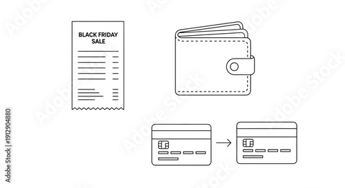 Black Friday Sale Receipt, Wallet, and Credit Card Transaction Icons