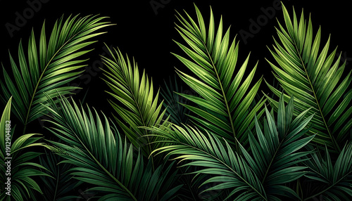 Close up of long slender green palm leaves with serrated edges overlapping against a black background creates a lush tropical feel generative AI