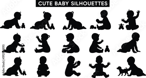 Cute baby silhouettes collection showing infants crawling sitting playing with toys isolated on white background illustration design resource set
