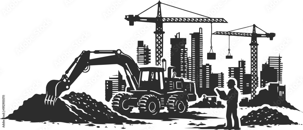 Obraz premium Construction Site Excavator Crane and City Skyline Illustration.