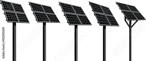 Solar panel silhouette set, renewable energy system icons, sustainable electricity generation, alternative power source vector, green technology, sun energy, ecology.