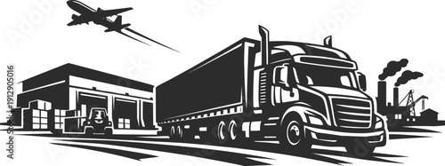 Logistics Warehouse Truck and Airplane Freight Transport Illustration.